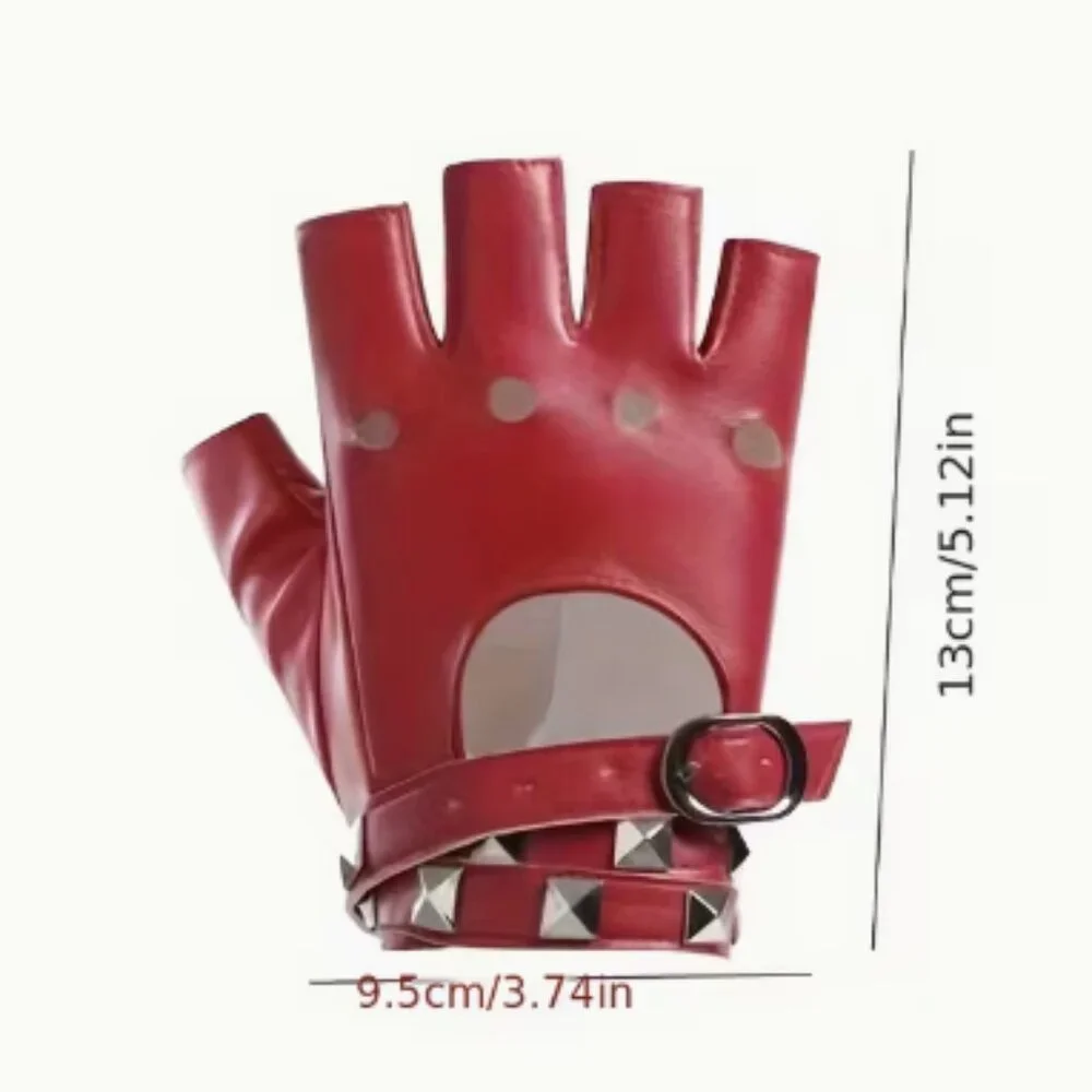 Pu Leather Fingerless Studded Red Gloves